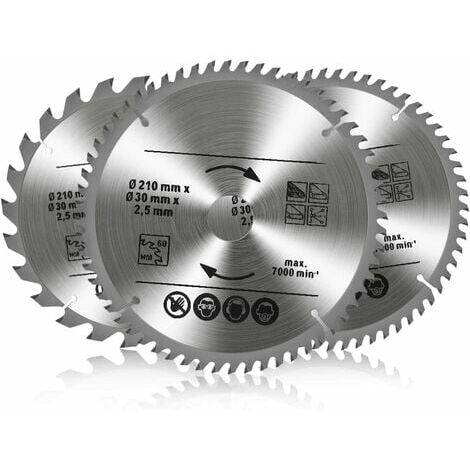 Lot de 3 Lames de Scie Circulaire Carbure de Tungstène, 24T 48T 60T TCT Sah pour Bois Métal et Aluminium (210 x 30 mm)