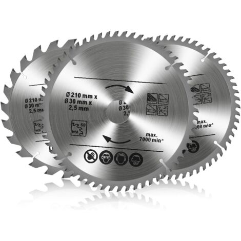 Lot de 3 Lames de Scie Circulaire Carbure de Tungstène, 24T 48T 60T TCT Sah pour Bois Métal et Aluminium (210 x 30 mm)