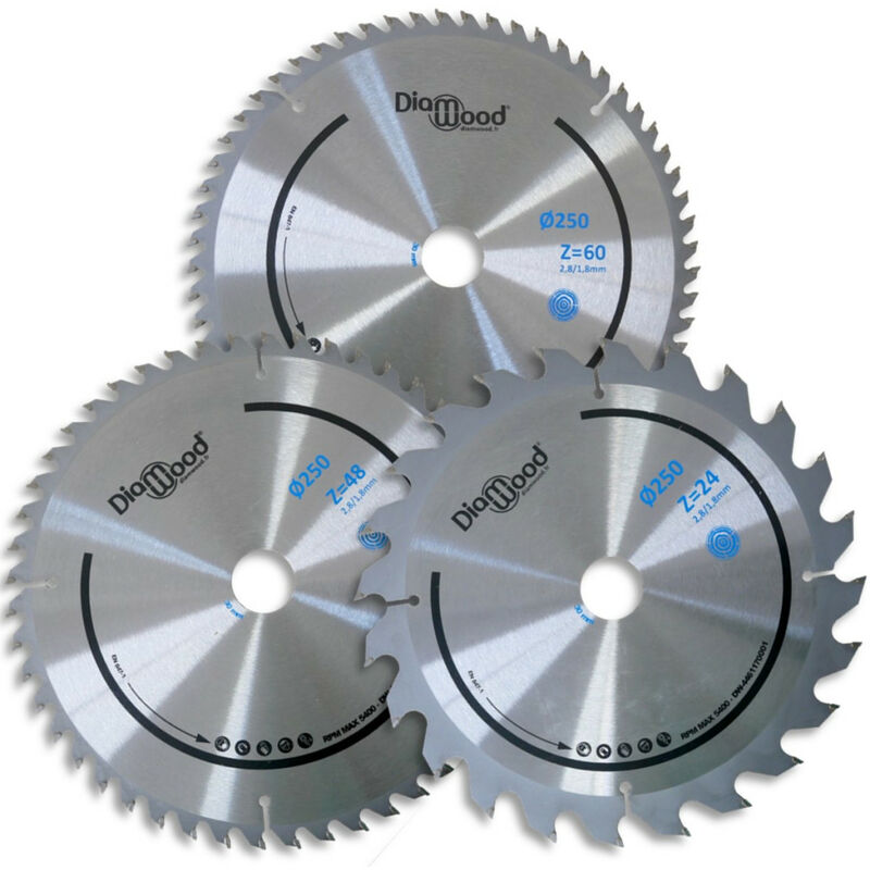 Diamwood - Lot de 3 Lames Bois Scie Circulaire Universelle hm - Scie Table, Combinée Toupie scie - Diamètre 250 mm - 24-48-60 Dents Alternées Positif