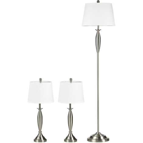 Lot de 3 lampes : 1 lampadaire + 2 lampes de table, aspect lin, argent et blanc, 38x38x158 cm