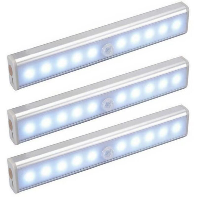 Galozzoit - Lot de 3 Lampes 10 led, Sans Fil, Rechargeable par usb, Aimanté, Détecteur de Mouvement, Portable. Lumière de Placard, Baladeuse de