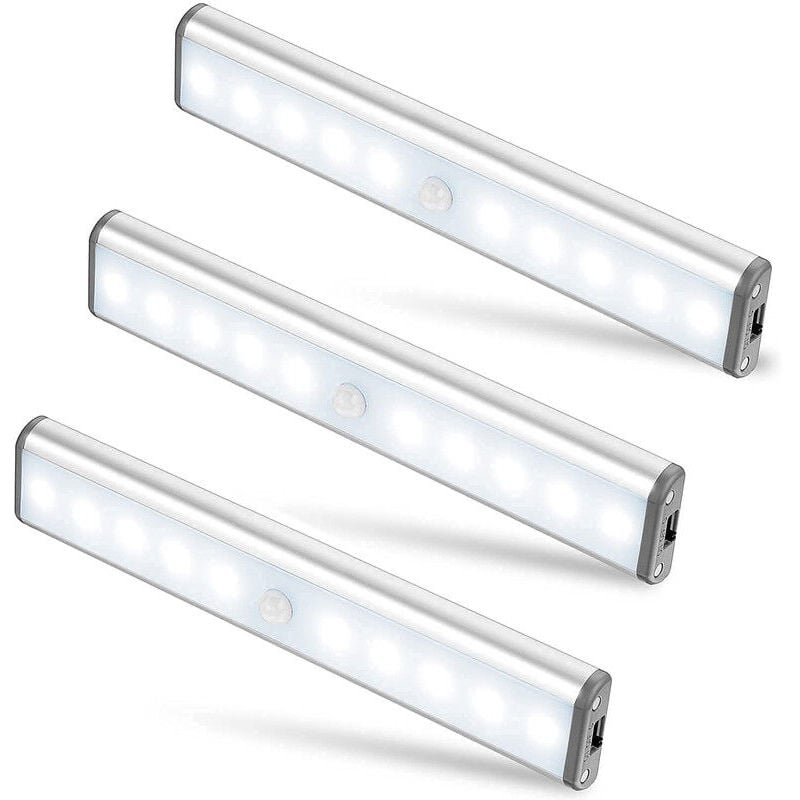 SNQ - Lot de 3 Lampes 10 led, Sans Fil, Rechargeable par usb, Aimanté, Détecteur de Mouvement, 2 Modes d'Éclairage, Portable. Lumière de Placard,