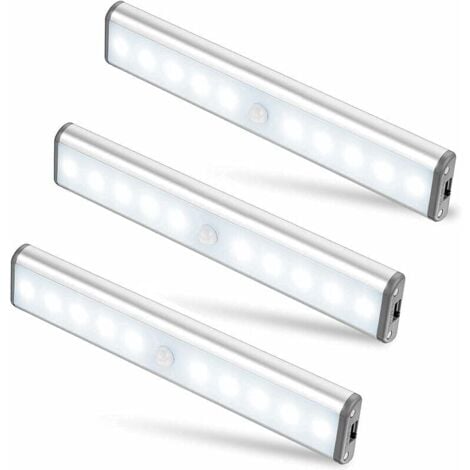 AAFGVC Lot de 3 Lampes 10 LED, Sans Fil, Rechargeable par USB, Aimanté, Détecteur de Mouvement, 2 Modes d’Éclairage, Portable. Lumière de Placard, Baladeuse de Secours, Veilleuse Enfant