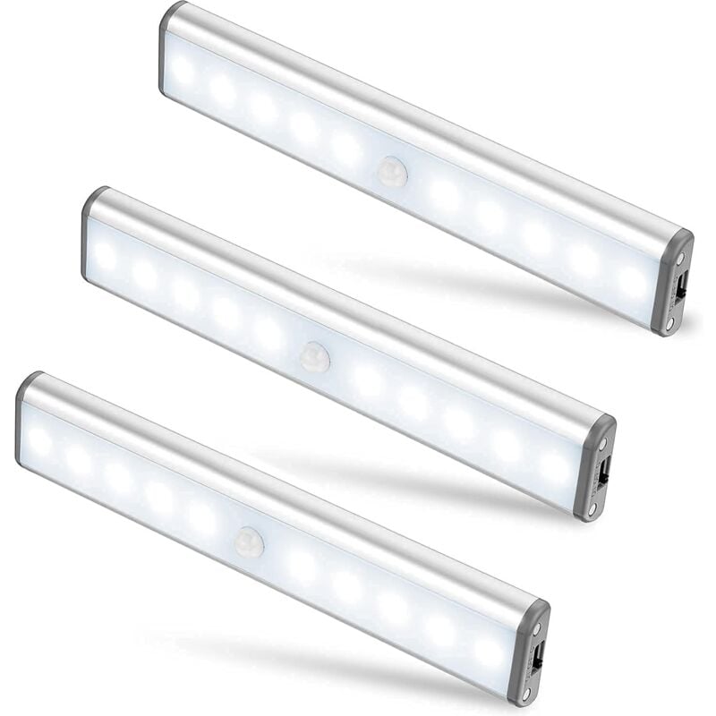 Lot de 3 Lampes 10 LED, Sans Fil, Rechargeable par USB, Aimanté, Détecteur de Mouvement, 2 Modes d'Éclairage, Portable. Lumière de Placard, Baladeuse