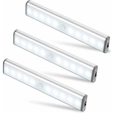 Lot de 3 Lampes 10 LED, Sans Fil, Rechargeable par USB, Aimanté, Détecteur de Mouvement, 2 Modes d’Éclairage, Portable. Lumière de Placard, Baladeuse de Secours, Veilleuse Enfant, Appoint … [Cl