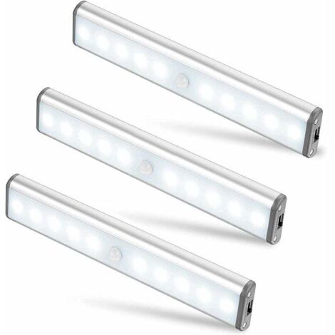 Lot de 3 Lampes 10 LED, Sans Fil, Rechargeable par USB, Aimanté, Détecteur de Mouvement, 2 Modes d’Éclairage, Portable. Lumière de Placard, Baladeuse de Secours, Veilleuse Enfant, Appoint … [Classe én