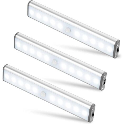 Lot de 3 Lampes 10 LED, Sans Fil, Rechargeable par USB, Aimanté, Détecteur de Mouvement, 2 Modes d’Éclairage, Portable. Lumière de Placard, Baladeuse de Secours, Veilleuse Enfant, Appoint … [Classe én