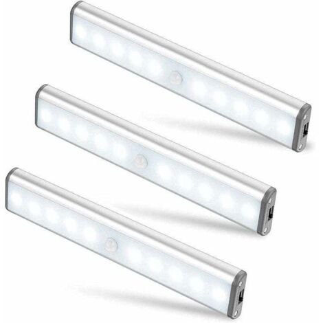 Lot de 3 Lampes 10 LED, Sans Fil, Rechargeable par USB, Aimanté, Détecteur de Mouvement, 2 Modes d’Éclairage, Portable. Lumière de Placard, Baladeuse de Secours, Veilleuse Enfant, Appoint … [Classe én