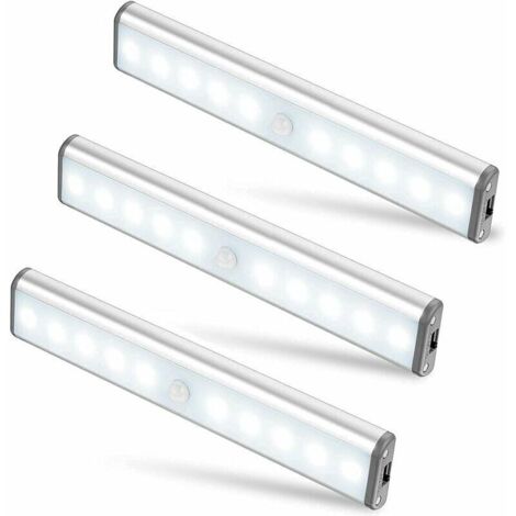 Lot de 3 Lampes 10 LED, Sans Fil, Rechargeable par USB, Aimanté, Détecteur de Mouvement, 2 Modes d’Éclairage, Portable. Lumière de Placard, Baladeuse de Secours, Veilleuse Enfant, Appoint … [Classe én