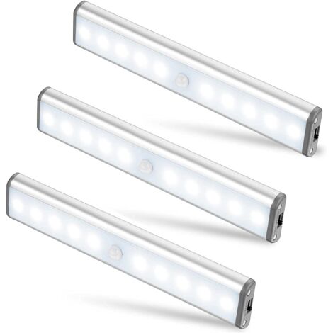 Lot de 3 Lampes 10 LED, Sans Fil, Rechargeable par USB, Aimanté, Détecteur de Mouvement, 2 Modes d’Éclairage, Portable. Lumière de Placard, Baladeuse de Secours, Veilleuse Enfant, Appoint … [Classe én