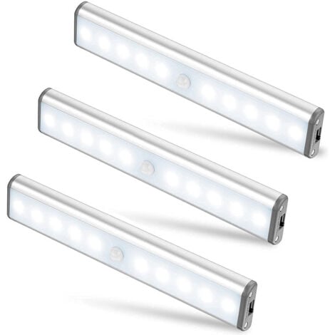 Lot de 3 Lampes 10 LED, Sans Fil, Rechargeable par USB, Aimanté, Détecteur de Mouvement, 2 Modes d’Éclairage, Portable. Lumière de Placard, Baladeuse de Secours, Veilleuse Enfant,OUYLAF