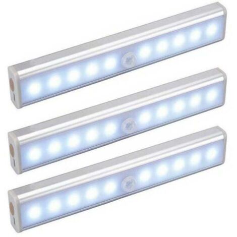 Lot de 3 Lampes 10 LED, Sans Fil, Rechargeable par USB, Aimanté, Détecteur de Mouvement, Portable. Lumière de Placard, Baladeuse de Secours, Veilleuse Enfant, Appoint