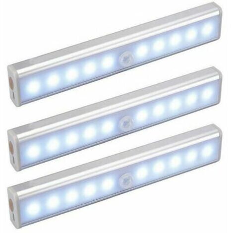 Lot de 3 Lampes 10 LED, Sans Fil, Rechargeable par USB, Aimanté, Détecteur de Mouvement, Portable. Lumière de Placard, Baladeuse de Secours, Veilleuse Enfant, Appoint