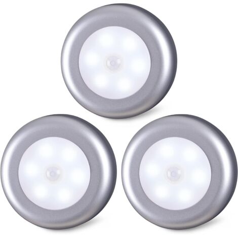 Lot de 3 Lampes à Détecteur de Mouvement pour L’Intérieur, à Coller, Fonctionnement à Piles, Lumière LED pour Armoire, Escaliers, Placard, Cuisine, Argenté, Blanc Froid