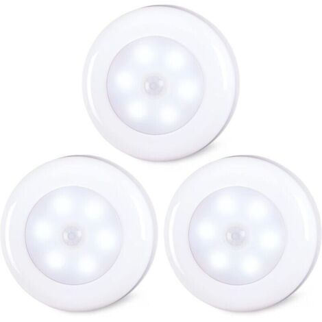Lot de 3 lampes à détecteur de mouvement pour l’intérieur, à coller, fonctionnement à piles, lumière LED sans fil pour armoire, escaliers, placard, cuisine, blanc froid