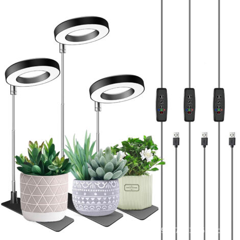 Lot de 3 lampes de croissance pour plantes, 48 LED spectre complet, anneau lumineux réglable avec socle, 3 modes de spectre, minuterie automatique 3/9/12 h, 10 niveaux de luminosité pour plantes d'int