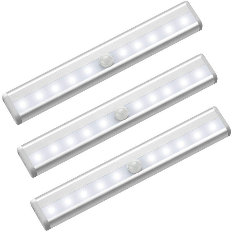 Lot de 3 lampes LED sans fil avec détecteur de mouvement et bande magnétique pour placard, penderie, escalier, maison, bureau – Argent