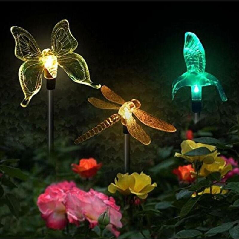Fitags - Lot de 3 lampes solaires de jardin en forme de papillon, colibri, libellule, led à énergie solaire, multicolore