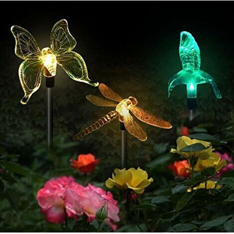 Lot de 3 lampes solaires de jardin en forme de papillon, colibri, libellule, LED à énergie solaire, multicolore