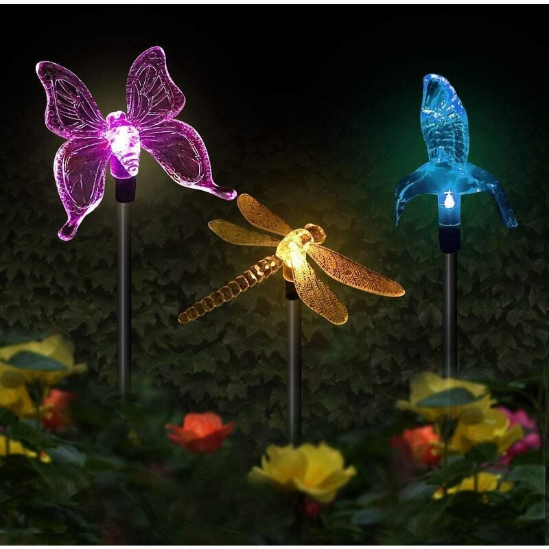Lot de 3 lampes solaires de jardin en forme de papillon, colibri, libellule, LED à énergie solaire, multicolore