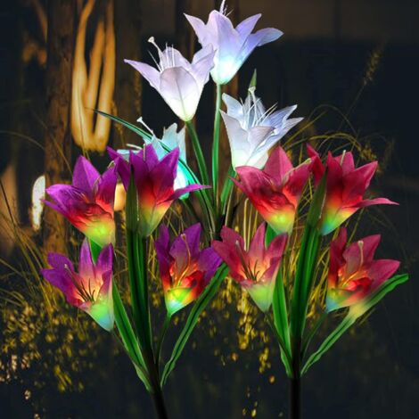Lot de 3 lampes solaires d'extérieur - Fleurs de lys colorées - Combinaison multicolore - Alimentation solaire - Étanche - Lampe d'extérieur à LED pour cour, parterres de fleurs, pelouse
