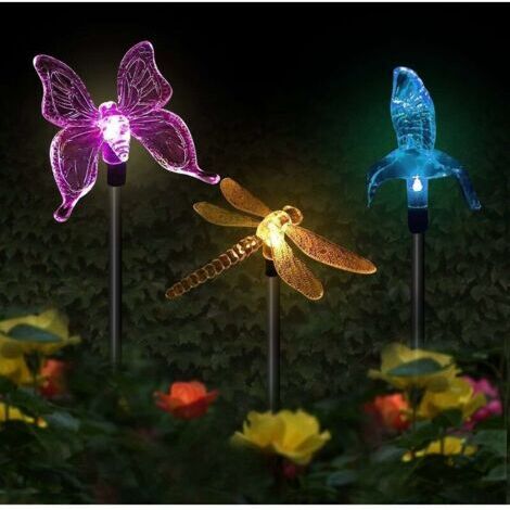 Lot de 3 lampes solaires LED multicolores – Formes papillon, colibri, libellule – Éclairage automatique 8h – Piquets en acier inoxydable