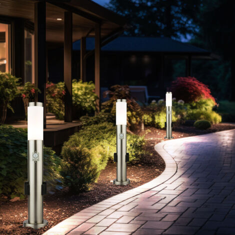 Lot de 3 lampes sur pied en acier inoxydable prises extérieures détecteur de mouvement chemin de jardin lumière argent