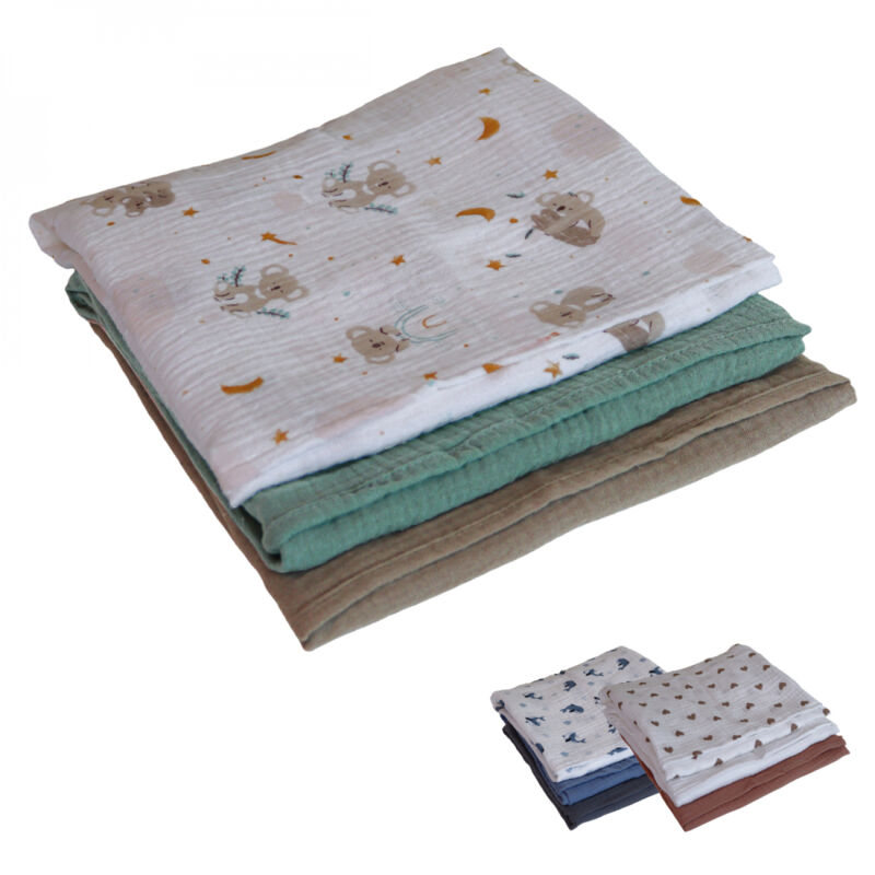 Lot de 3 langes bébé, serviettes absorbantes et respirantes - 100% mousseline de coton - 30 x 30 cm - Koala - Monsieur Bébé