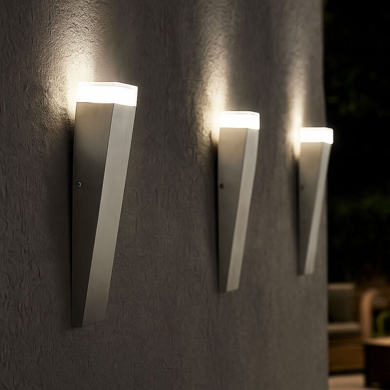 Applique d'extérieur, applique murale, torche, zone d'entrée, terrasse, IP44, acier inoxydable, argent, HxLxP 30,5x7,5x8,5cm, lot de 3