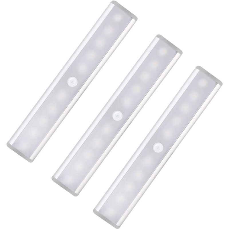 Lot de 3 lumières LED avec détecteur de mouvement pour armoire, 10 spots LED sans fil, lumières LED pour armoire, éclairage LED alimenté par batterie