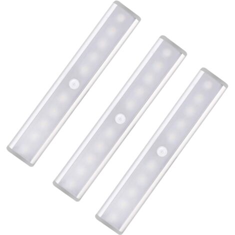 Lot de 3 lumières LED avec détecteur de mouvement pour armoire, 10 spots LED sans fil, lumières LED pour armoire, éclairage LED alimenté par batterie avec bandes magnétiques, veilleuse pour enfants