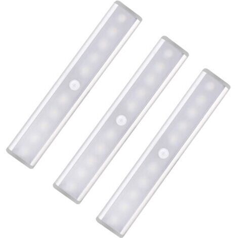 Lot de 3 lumières LED avec détecteur de mouvement pour armoire, 10 spots LED sans fil, lumières LED pour armoire, éclairage LED alimenté par batterie avec bandes magnétiques, veilleuse pour enfants