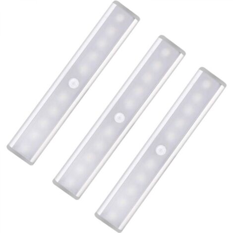 Lot de 3 lumières LED avec détecteur de mouvement pour armoire, 10 spots LED sans fil, lumières LED pour armoire, éclairage LED alimenté par batterie avec bandes magnétiques, veilleuse pour enfants