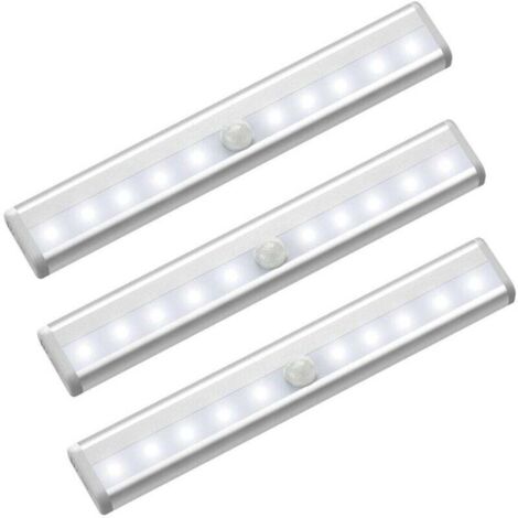 Lot de 3 lumières LED avec détecteur de mouvement pour armoire, 10 spots LED sans fil, lumières LED pour armoire, éclairage LED alimenté par batterie avec bandes magnétiques, veilleuse pour enfants, e