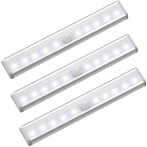 Lot de 3 lumières LED avec détecteur de mouvement pour armoire, 10 spots LED sans fil, lumières LED pour armoire, éclairage LED alimenté par batterie avec bandes magnétiques, veilleuse pour enfants, e