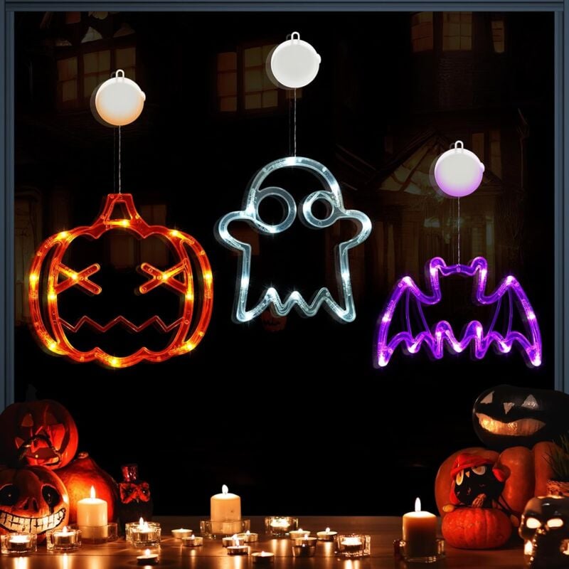 Lot de 3 Lumineuses pour Fenêtre d'Halloween, Guirlande Lumineuse Citrouille/Fantôme/Chauve-souris à Piles, avec Ventouse, Lumières pour Décorations