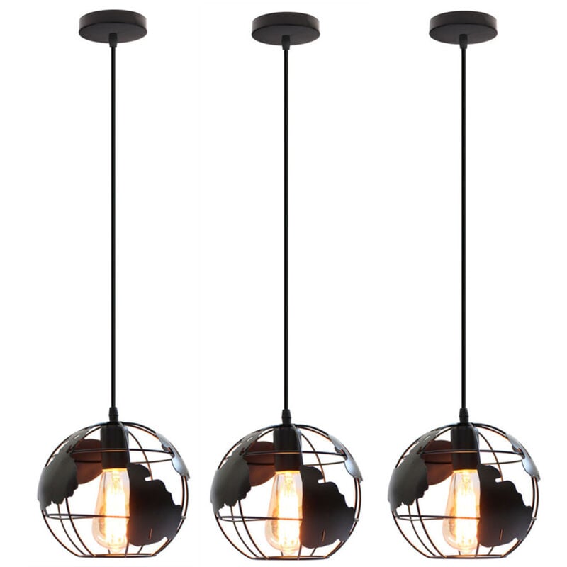 Wottes - Lustre Suspension Moderne Suspensions Luminaires E27 Abat-jour Globe pour Salle à Manger Chambre Couloir Noir Ø20CM - 3Pcs