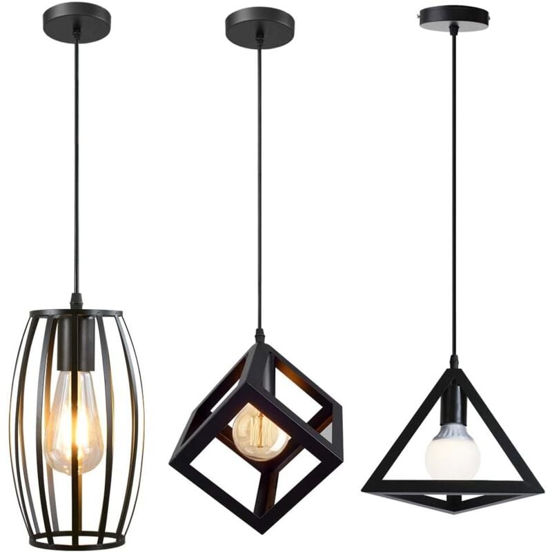 Lot de 3 Lustre Suspension Métal Forme Géométrie E27 Plafonnier Industriel Lampe de Plafond pour Chambre Salon Noir