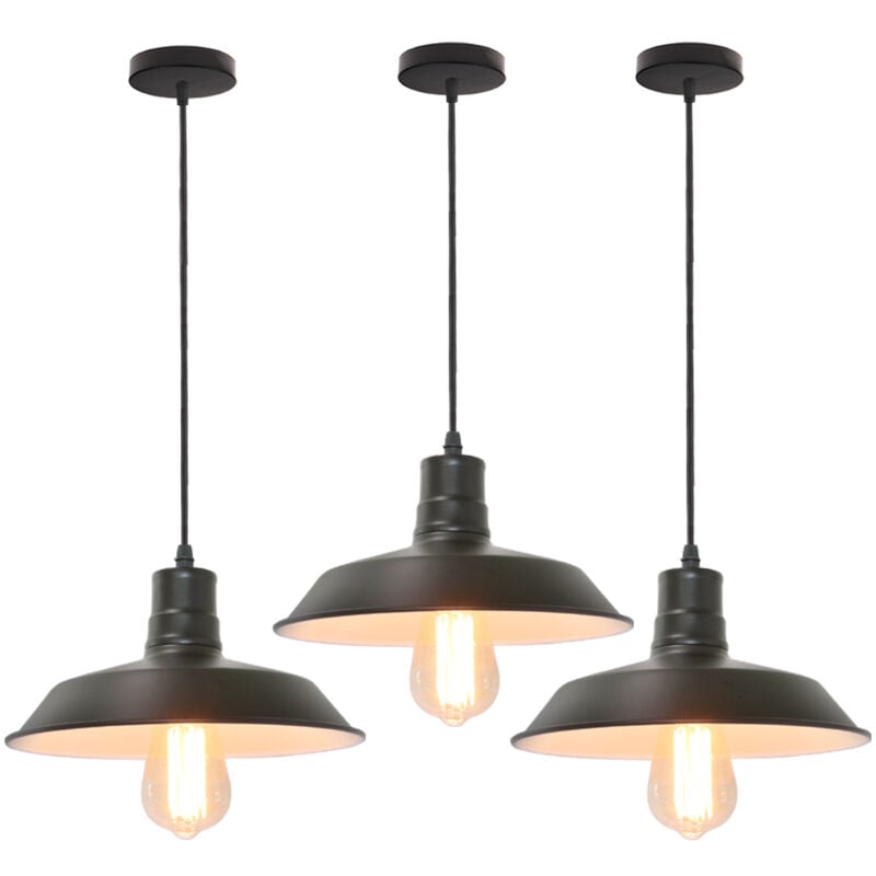 Lustre Suspension Industriel Vintage Luminaire Plafonnier Abat-jour en Métal Lampe à Suspension E27 Ø26CM Noir et Blanc - 3Pcs