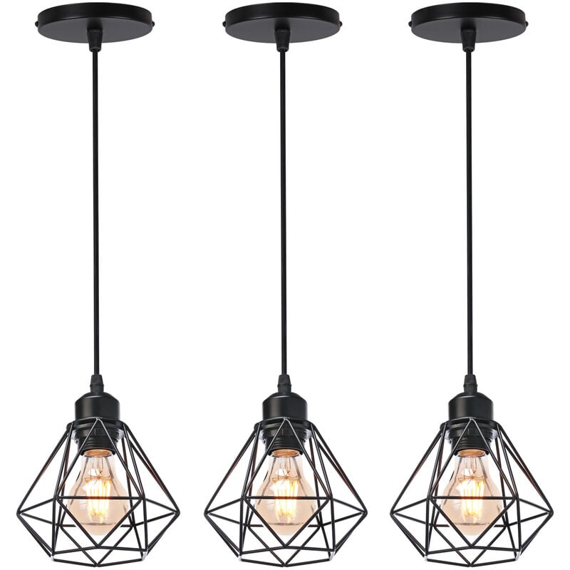 E27 Lampe Suspension Vintage Industrielle Luminaire Suspension Cage Éclairage de Plafond en Métal Noir Ø16CM - 3Pcs
