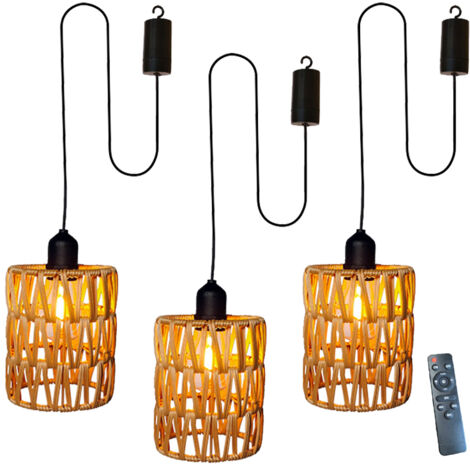 Lot de 3 lustres à intensité variable avec télécommande, lustres décoratifs en rotin avec ampoule, suspensions à piles