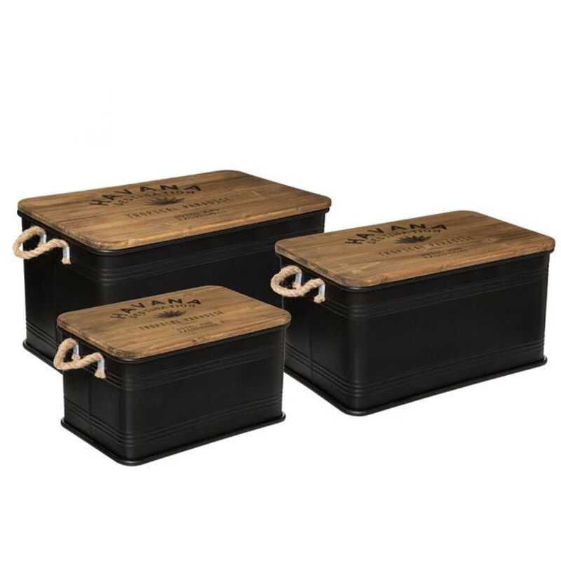 Lot de 3 malles de rangement en bois / métal coloris noir Pegane