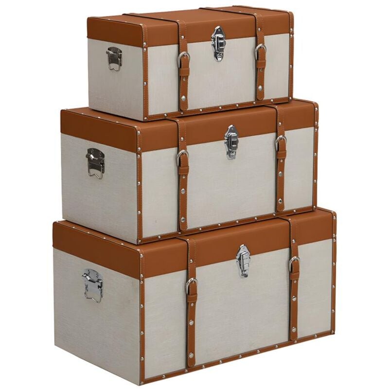 Lot de 3 malles en bois de sapin et mdf - Revêtement en simili et tissu - 3 tailles - Marron et taupe- jacinto