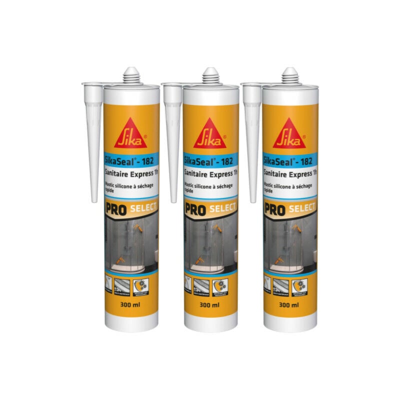 Sika - Lot de 3 mastics silicone à séchage rapide Seal-182 Sanitaire Express 1h - Blanc - 300ml
