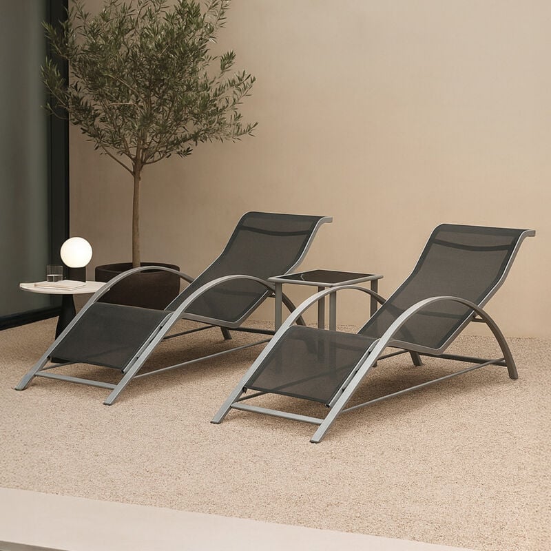 Lot de 3 meubles de jardin Binetto transats et table gris noir [en.casa]