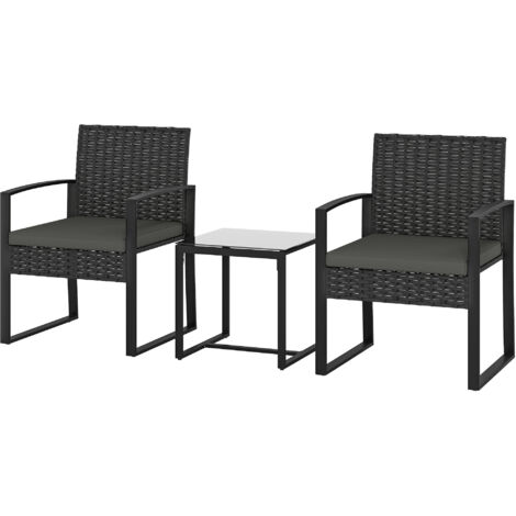 Lot de 3 meubles de jardin en rotin : 2 fauteuils + table basse, coussins amovibles gris foncé