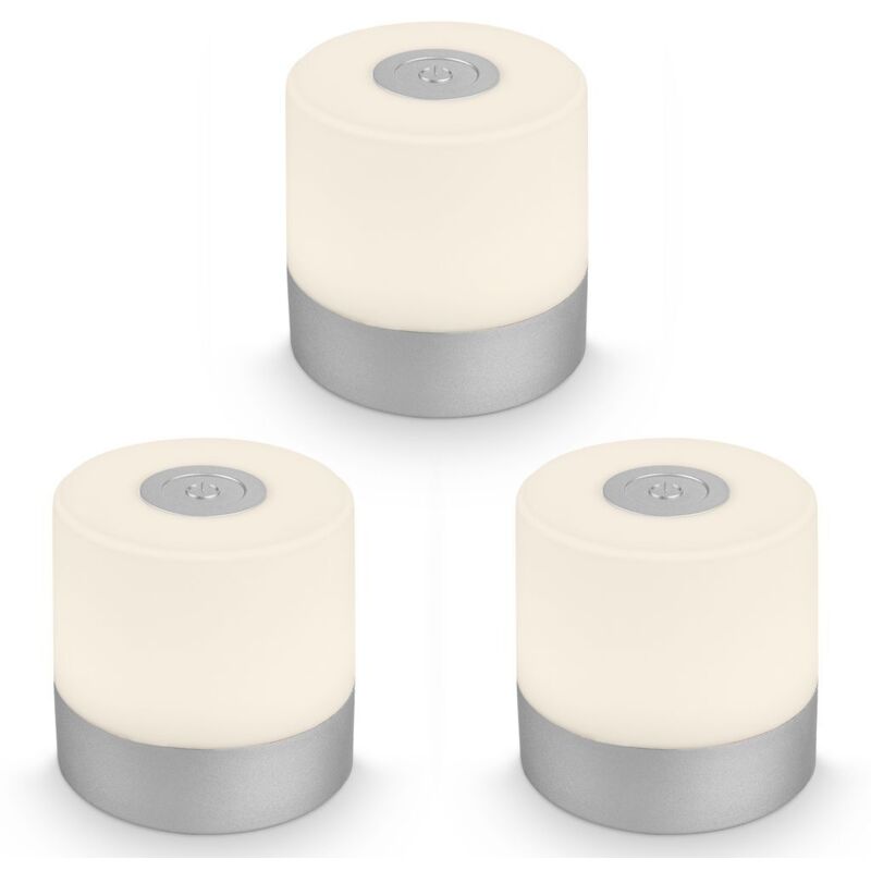 Lot de 3 Mini lampes de table LED sans fil IP44, variateur, tactile, sans fil, batterie, protection contre les éclaboussures, chromé mat, Ø7 x 7 cm Lot de 3 Mini lampes de table LED sans fil IP44, variateur, tactile, sans fil, batterie, protection contre les éclaboussures, chromé mat, Ø7 x 7 cm
