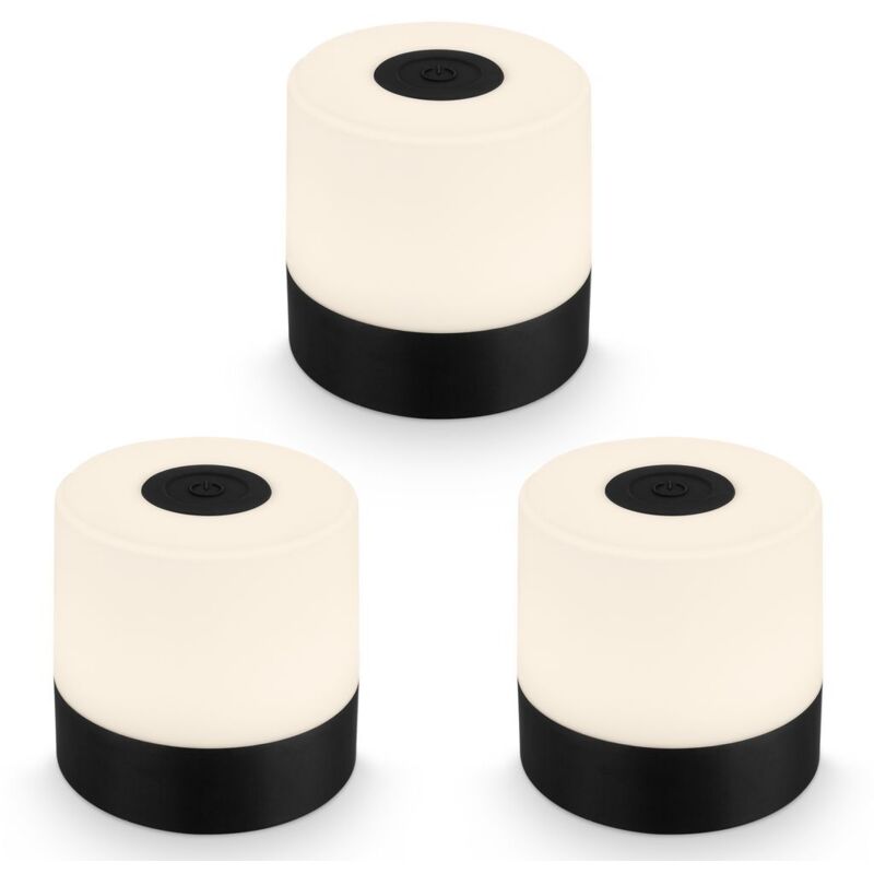 Lot de 3 Mini lampes de table LED sans fil IP44, variateur, tactile, sans fil, batterie, protection contre les éclaboussures, noir, Ø7 x 7 cm Lot de 3 Mini lampes de table LED sans fil IP44, variateur, tactile, sans fil, batterie, protection contre les éclaboussures, noir, Ø7 x 7 cm