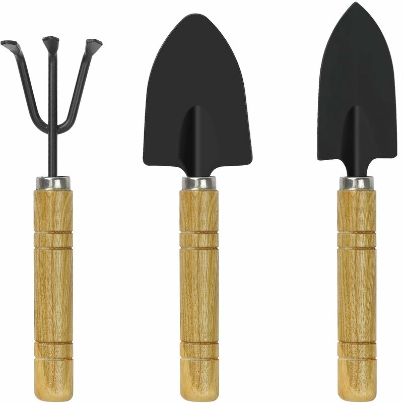 Lot de 3 mini outils de jardin avec poignée en bois et fer - Noir