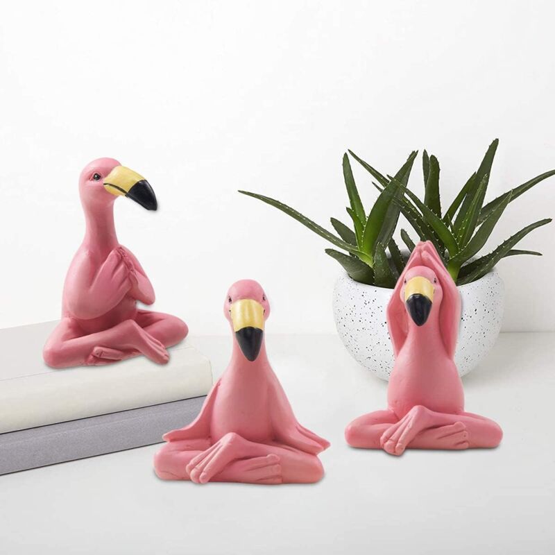Lot de 3 mini statues de flamants roses pour décoration de jardin en extérieur - Statues de flamants roses